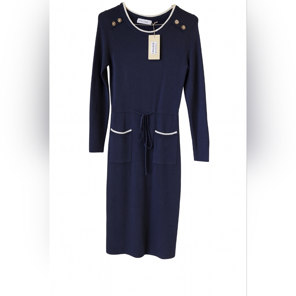 Navy Long Sleeve Knit Dress with Pockets